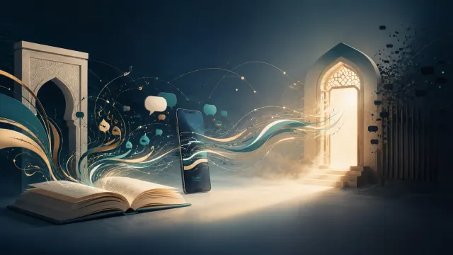 خيوط ضوئية مستوحاة من الحروف تربط كتابًا ومنصة رقمية بباب مضاء في تعبير عن اللغة والقوة الناعمة