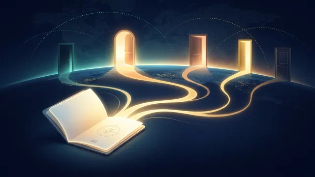 جواز سفر مفتوح تخرج منه مسارات ضوئية نحو بوابات مضيئة تمثل دول العالم في تعبير عن قوة جوازات السفر