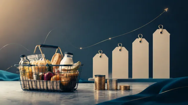 سلة مشتريات ونقود وبطاقات أسعار متصاعدة ترمز إلى تراجع القوة الشرائية