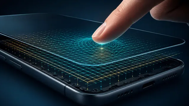 إصبع يلمس شاشة هاتف ذكي وتظهر تحت الزجاج شبكة استشعار سعوية
