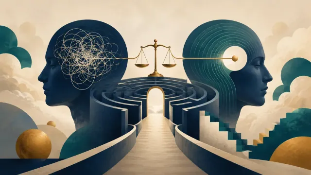 رأسان يرمزان إلى الانتقال من تشابك التفكير إلى وضوحه عبر متاهة وميزان