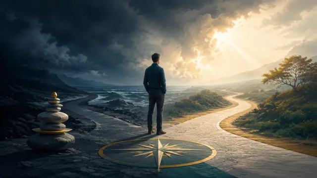 شخص يقف عند مفترق بين طريق مضطرب وآخر مضيء مع بوصلة ترمز إلى القرار