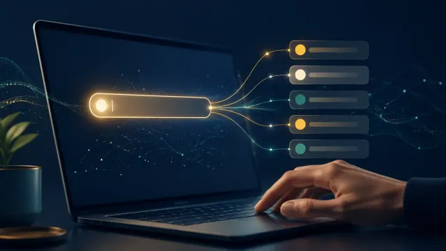 حاسوب يعرض شريط بحث تتفرع منه اقتراحات إكمال تلقائي مجردة