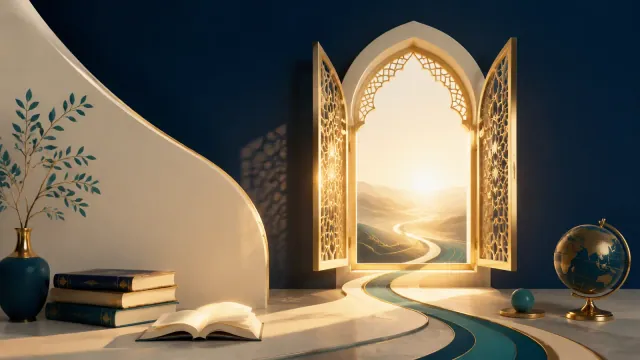 نافذة عربية مضيئة تفتح على طريق للمعرفة تحيط بها كتب وكرة أرضية